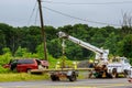 Sayreville NJ USA - Jujy 02, 2018: Red car after the terrible accident - it crashed into Replacing the electric pillar