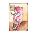So... says pink Llama with spikelet. Funny watercolor sketch cartoon alpaca on white background