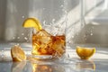 Sazerac cocktail with a lemon twist and dynamic splash against a white backdrop