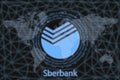 Sberbank Abstract Cryptocurrency. With a dark background and a world map. Graphic concept for your design