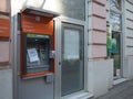 Sberbank, facade and entrance to the branch of the subsidiary of the joint-stock company Sberbank of the Russia. The Royalty Free Stock Photo