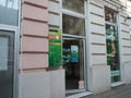 Sberbank, facade and entrance to the European branch of the subsidiary Sberbank of Russia. Sanctions to the financial