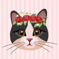 Vintage Hand Drawn Rose Flower Leaves Decorative Cat Vector Illustration. Cute Animals. Pink Stripes Background