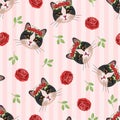 Vintage Hand Drawn Rose Leaves Cats Seamless Vector Background. Animal Illustration. Pink Stripes Background