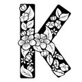 Hollow flowers English letters, wedding fonts.English alphabet. Vector handwritten brush script. ABC Painted Letters.Letter K