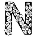 Hollow flowers English letters, wedding fonts.English alphabet. Vector handwritten brush script. ABC Painted Letters.Letter N