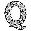 Hollow flowers English letters, wedding fonts.English alphabet. Vector handwritten brush script. ABC Painted Letters.Letter Q