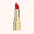 Yellow stars background, golden lipstick, red lipstick,3D Realistic Vector Illustration.