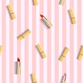 Pink stripes background, golden lipstick tube seamless background, feminine cosmetics, 3d realistic vector illustration.
