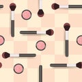 Plaid background, makeup brushes and eyeshadow seamless background illustration, female cosmetics,