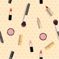 Yellow Polka Dot Background, Makeup Brush And Eye Shadow Lipstick Seamless Background Illustration, Feminine Cosmetics,