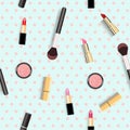 Blue wave dots background, makeup brush and eyeshadow lipstick seamless background, feminine cosmetics,