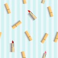 Blue stripes background, golden lipstick tube seamless background, feminine cosmetics, 3d realistic vector illustration.