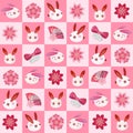 Rabbit and sakura Japanese fan bow bells pink seamless background, cute red ears bunny, vector file