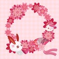 Rabbit and cherry blossom japanese fan bow bells pink garland seamless background, cute red ears bunny, vector file