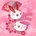 Rabbit and sakura Japanese fringed fan pink seamless background, cute red ears bunny, vector file