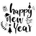 Merry Christmas and Happy New Year,Vector emblem,English phrase snowflake and hat,Christmas gifts,deer,Christmas tree Royalty Free Stock Photo