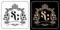 SC royal emblem with crown, set of black and white labels, initial letter and graphic name Frames Border of floral designs Royalty Free Stock Photo