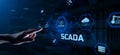 SCADA system Supervisory Control And Data Acquisition technology concept. Hand pressing button