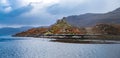 Scaffold around `Caisteal Maol`, Gaelic: Caisteal, `Castle`, Maol, `bare` , a ruined castle located near the harbour of Royalty Free Stock Photo