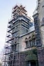 Scaffolding of complex configuration for replacing the roof of a historic church tower