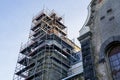 Scaffolding of complex configuration for replacing the roof of a historic church tower