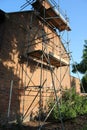 Scaffolding erected against a residential building