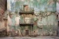 scaffolding near a crumbling wall with ancient mural