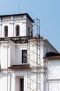 Scaffolding outside the ancient Catholic Church of St. Francis of Assisi under restoration and