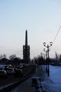 scaffolding at the repaired Obelisk Obelisk in Gatchina, Leningrad Region, Russia. Stage of dismantling of scaffolding. February 1