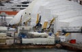 Ship repair shipyard with yacht on scaffold detail Royalty Free Stock Photo