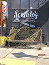 Scafuto's Old time barber shop, Uxbridge, Ma vintage iron bench detail
