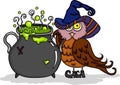 Halloween cute owl with witch caldron