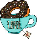 Love tea cup and chocolate cake donut Royalty Free Stock Photo