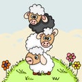 Stack of three sheeps on field illustration