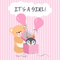 Baby girl teddy bear and penguin of shower invitation card Royalty Free Stock Photo