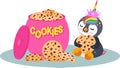 Big ceramic cookies jar and cute unicorn penguin eating cookie