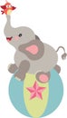 Circus elephant on a ball with red bird Royalty Free Stock Photo