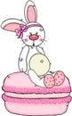 Cute girl bunny sitting on pink macaron