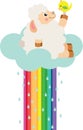 Cute lamb on cloud rainbow with birdie