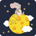 Cute mouse flying above cheese moon in night sky