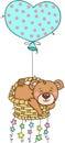 Cute teddy bear flying on basket with balloon and stars