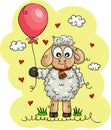 Cute illustration with funny sheep lamb holding a balloon