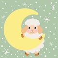 Greeting card of cute lamb hanging on moon in sky