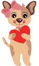 Little cute puppy girl of standing holding a red heart Royalty Free Stock Photo