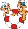 Two cute teddy bears on help save life float with sailor hats Royalty Free Stock Photo