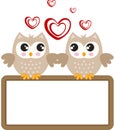 Valentine couple owls with blank sign board Royalty Free Stock Photo