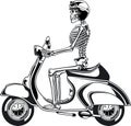 Human skeleton driving vintage motor scooter