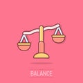 Scale balance icon in comic style. Justice cartoon vector illustration on isolated background. Judgment splash effect business Royalty Free Stock Photo