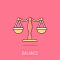 Scale balance icon in comic style. Justice cartoon vector illustration on isolated background. Judgment splash effect business Royalty Free Stock Photo